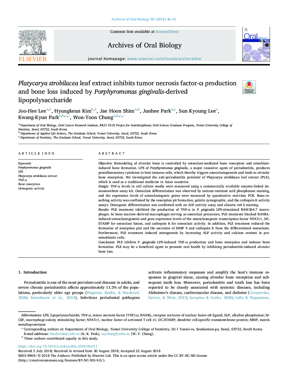 Platycarya strobilacea leaf extract inhibits tumor necrosis factor-Î± production and bone loss induced by Porphyromonas gingivalis-derived lipopolysaccharide