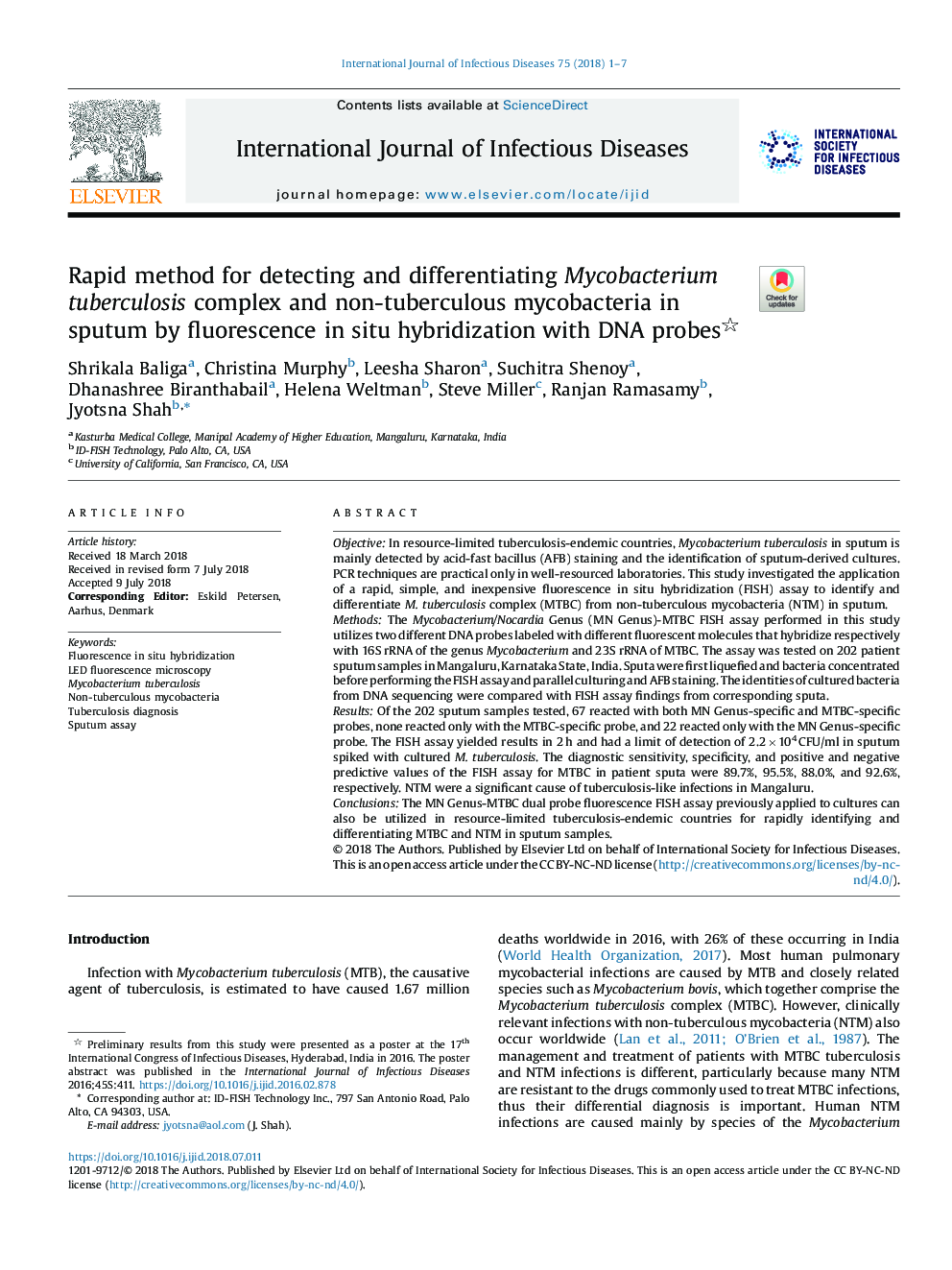 Rapid method for detecting and differentiating Mycobacterium tuberculosis complex and non-tuberculous mycobacteria in sputum by fluorescence in situ hybridization with DNA probes