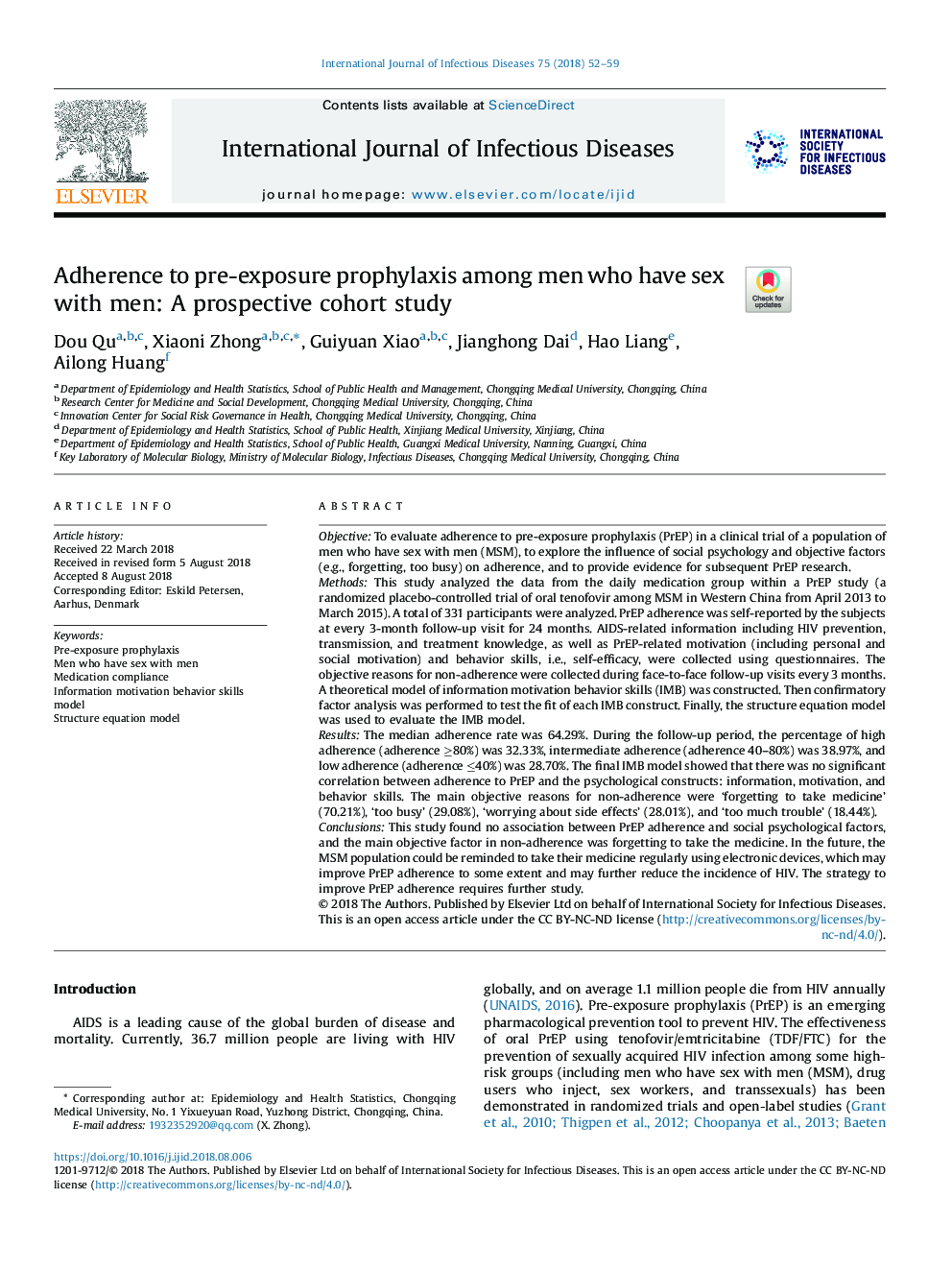 Adherence to pre-exposure prophylaxis among men who have sex with men: A prospective cohort study