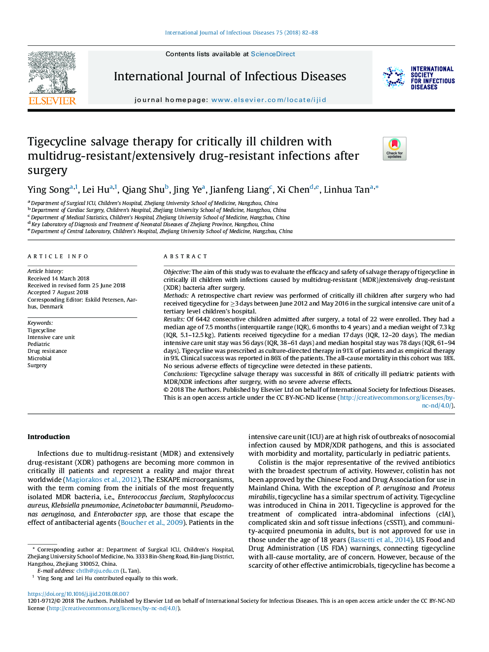 Tigecycline salvage therapy for critically ill children with multidrug-resistant/extensively drug-resistant infections after surgery