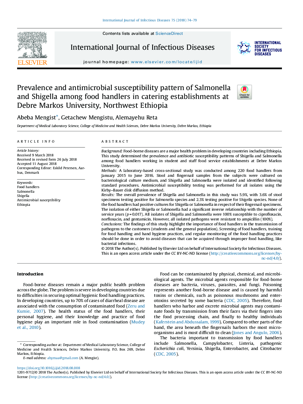 Prevalence and antimicrobial susceptibility pattern of Salmonella and Shigella among food handlers in catering establishments at Debre Markos University, Northwest Ethiopia