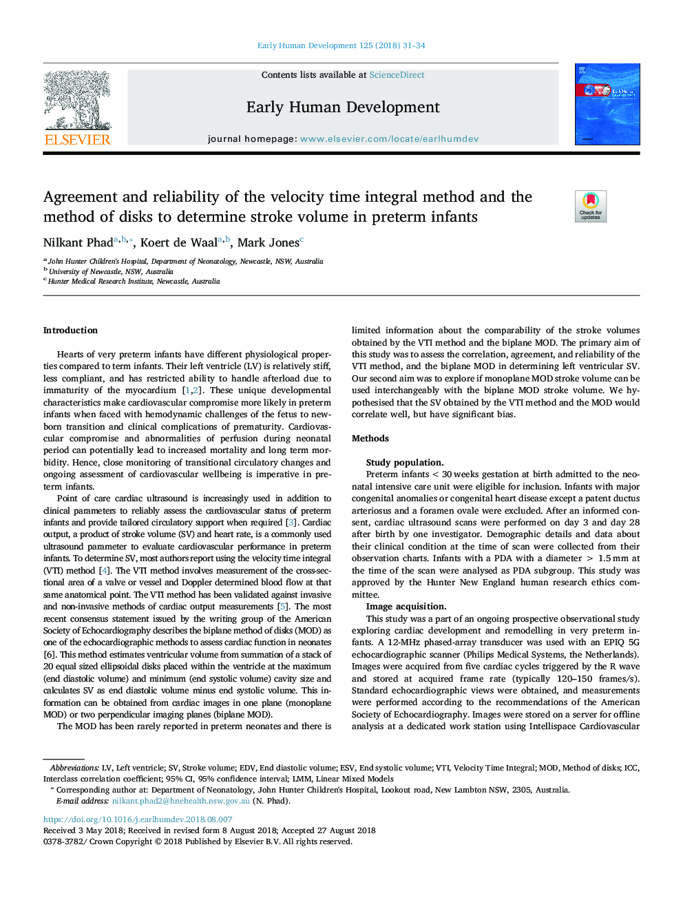 Agreement and reliability of the velocity time integral method and the method of disks to determine stroke volume in preterm infants