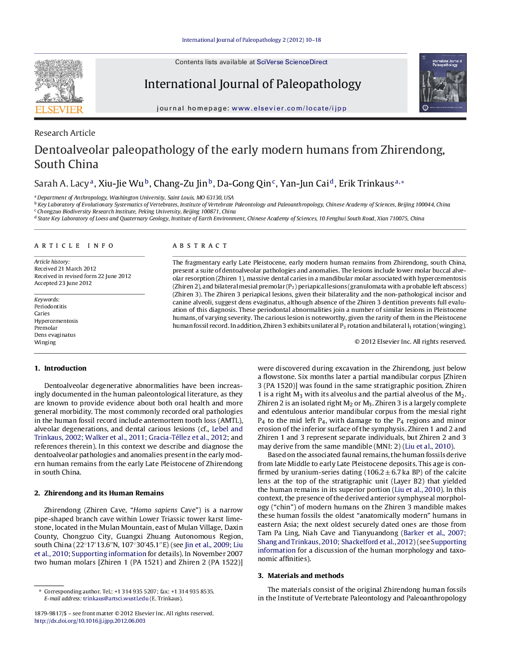 Dentoalveolar paleopathology of the early modern humans from Zhirendong, South China