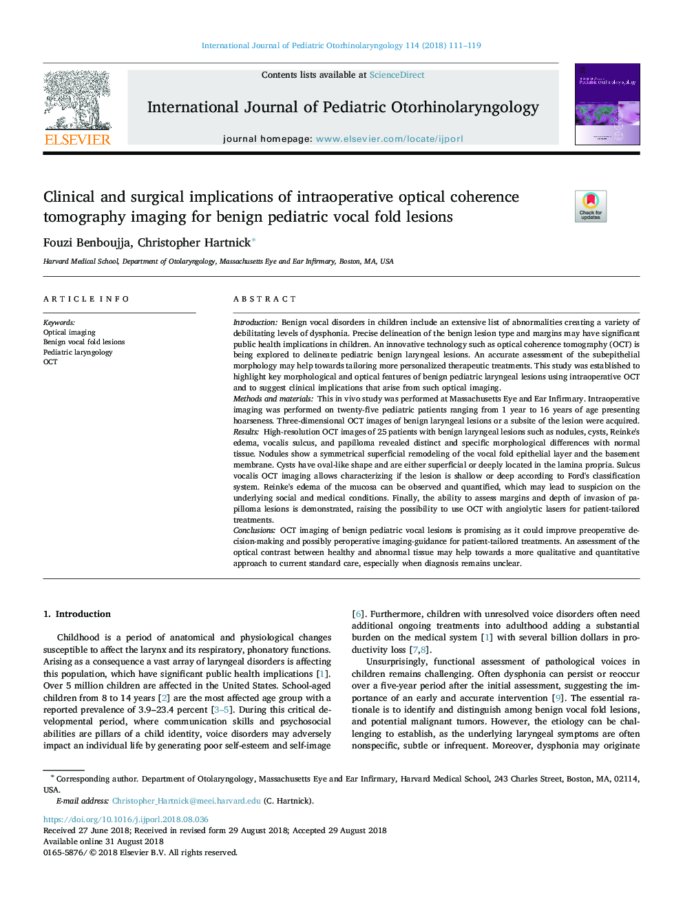 Clinical and surgical implications of intraoperative optical coherence tomography imaging for benign pediatric vocal fold lesions