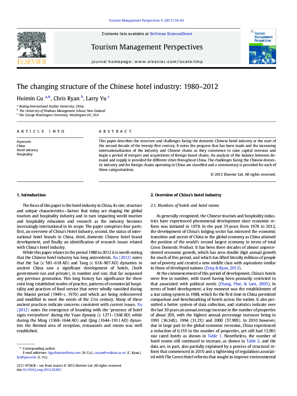 The changing structure of the Chinese hotel industry: 1980–2012