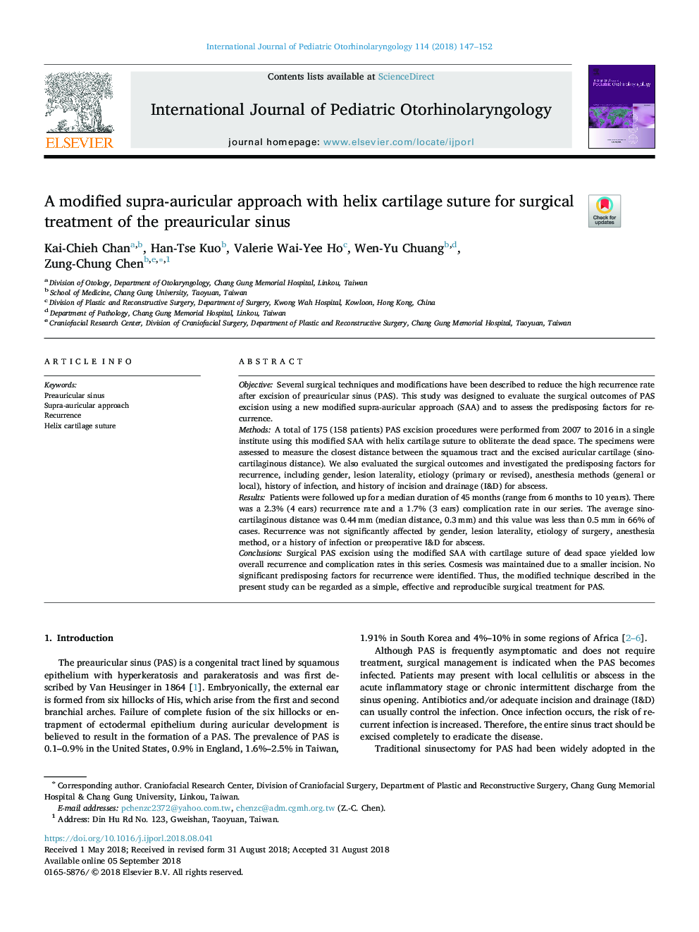 A modified supra-auricular approach with helix cartilage suture for surgical treatment of the preauricular sinus