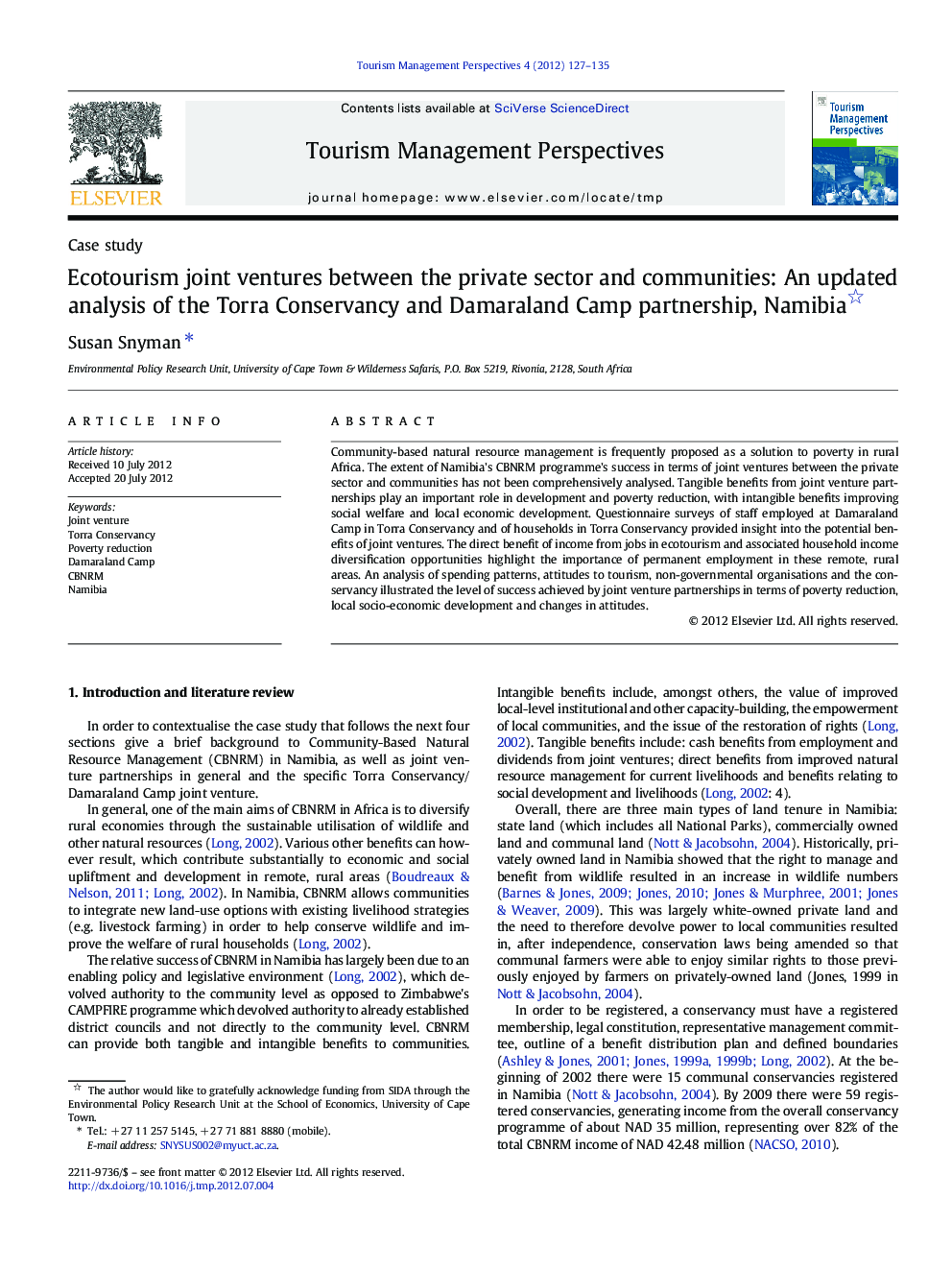 Ecotourism joint ventures between the private sector and communities: An updated analysis of the Torra Conservancy and Damaraland Camp partnership, Namibia 