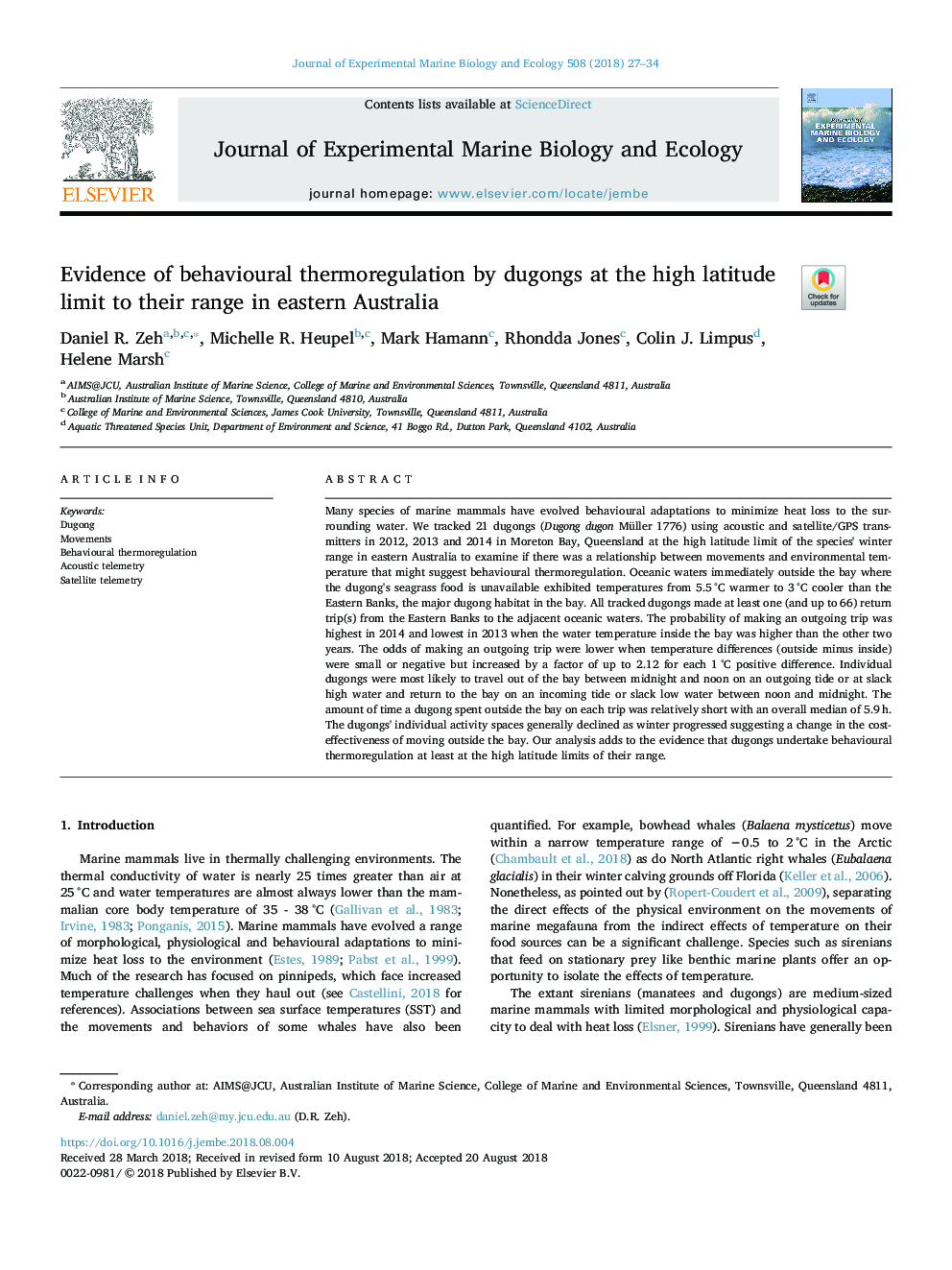 Evidence of behavioural thermoregulation by dugongs at the high latitude limit to their range in eastern Australia