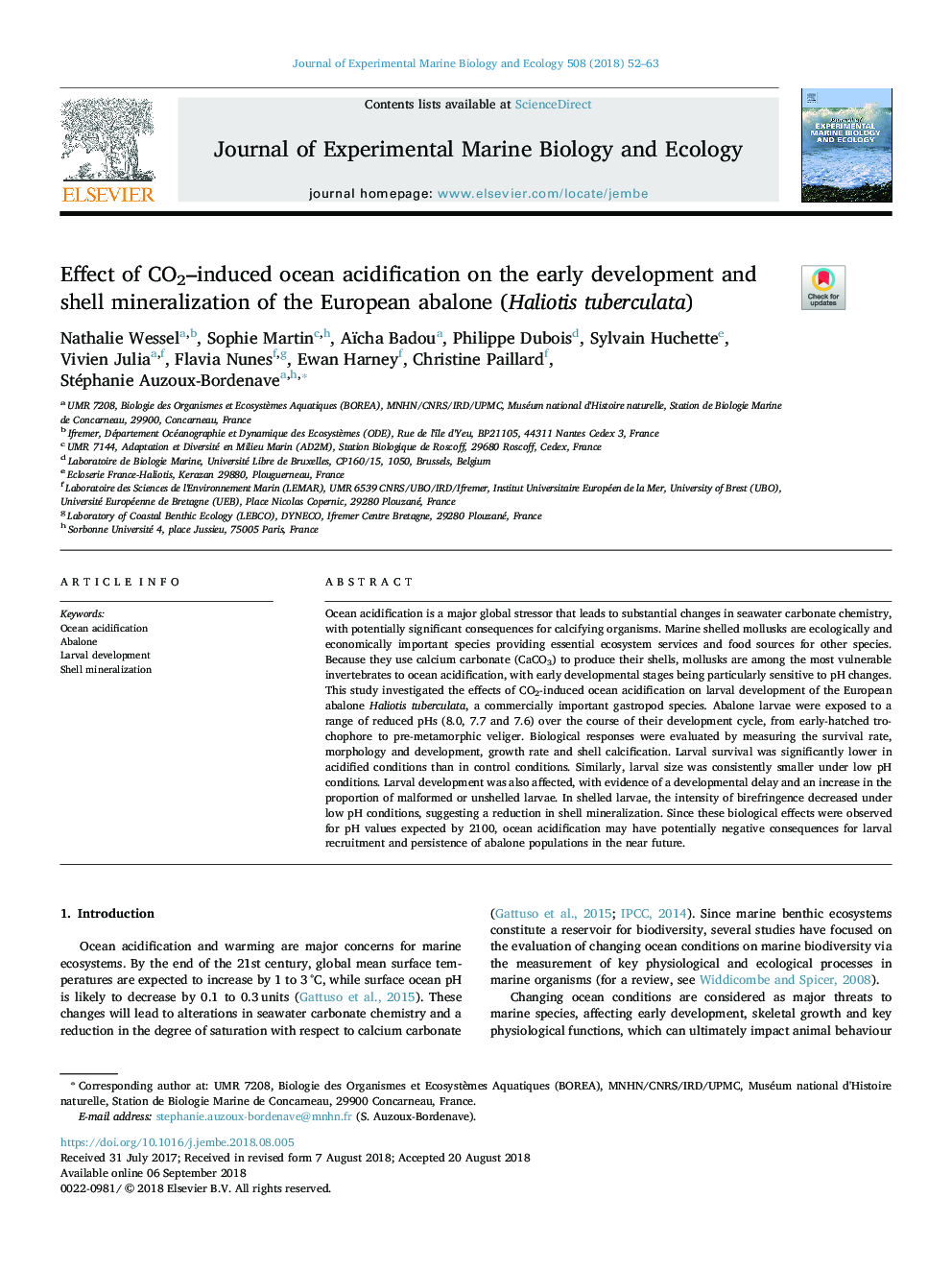 Effect of CO2-induced ocean acidification on the early development and shell mineralization of the European abalone (Haliotis tuberculata)