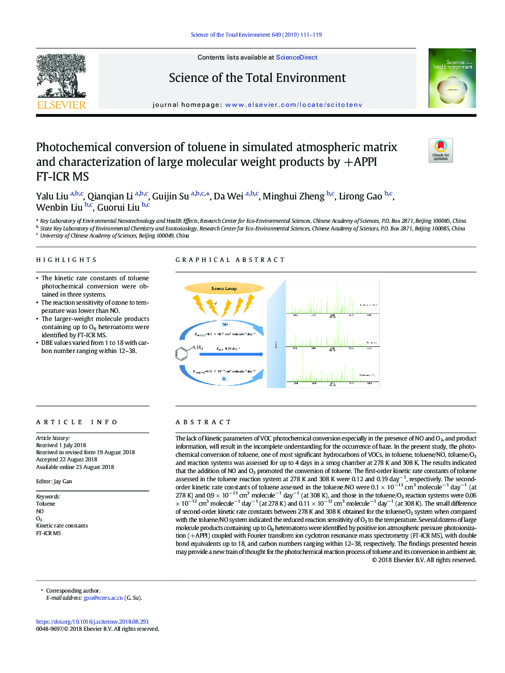 Photochemical conversion of toluene in simulated atmospheric matrix and characterization of large molecular weight products by +APPI FT-ICR MS