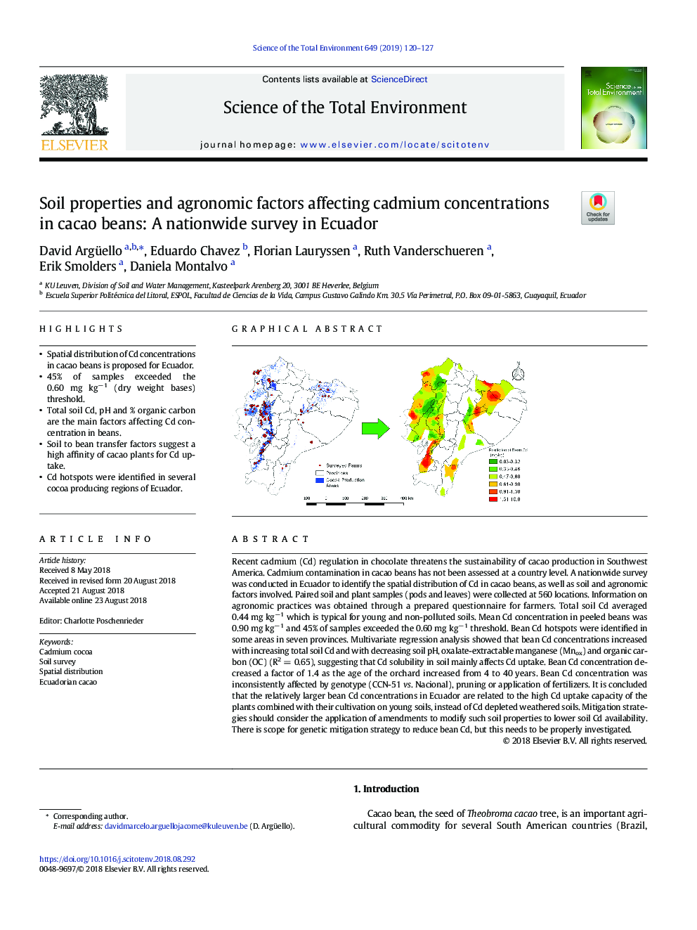 Soil properties and agronomic factors affecting cadmium concentrations in cacao beans: A nationwide survey in Ecuador