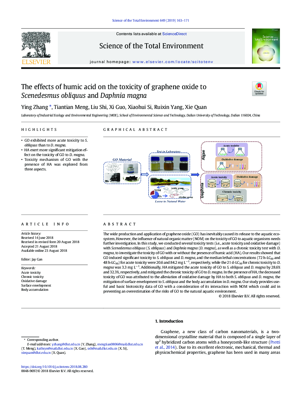 The effects of humic acid on the toxicity of graphene oxide to Scenedesmus obliquus and Daphnia magna