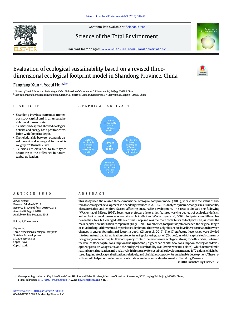Evaluation of ecological sustainability based on a revised three-dimensional ecological footprint model in Shandong Province, China