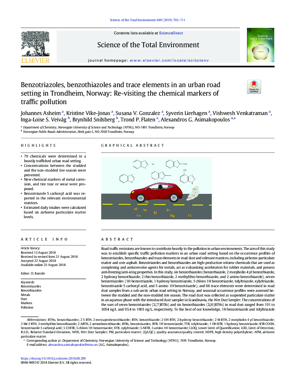 Benzotriazoles, benzothiazoles and trace elements in an urban road setting in Trondheim, Norway: Re-visiting the chemical markers of traffic pollution