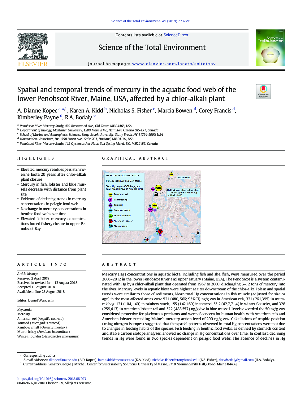 Spatial and temporal trends of mercury in the aquatic food web of the lower Penobscot River, Maine, USA, affected by a chlor-alkali plant