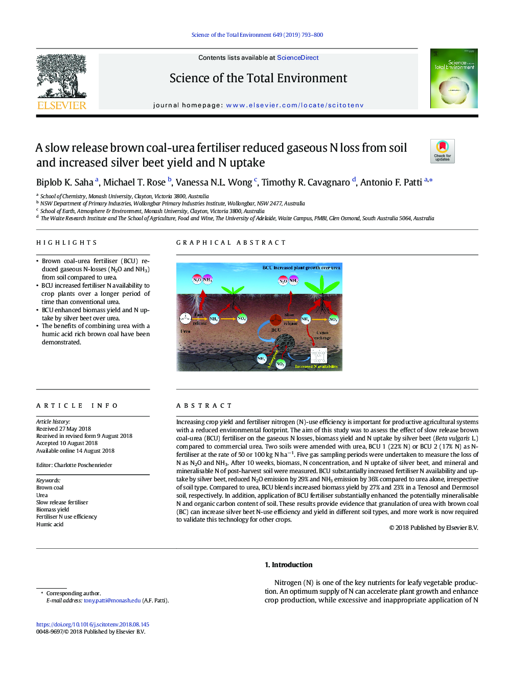 A slow release brown coal-urea fertiliser reduced gaseous N loss from soil and increased silver beet yield and N uptake