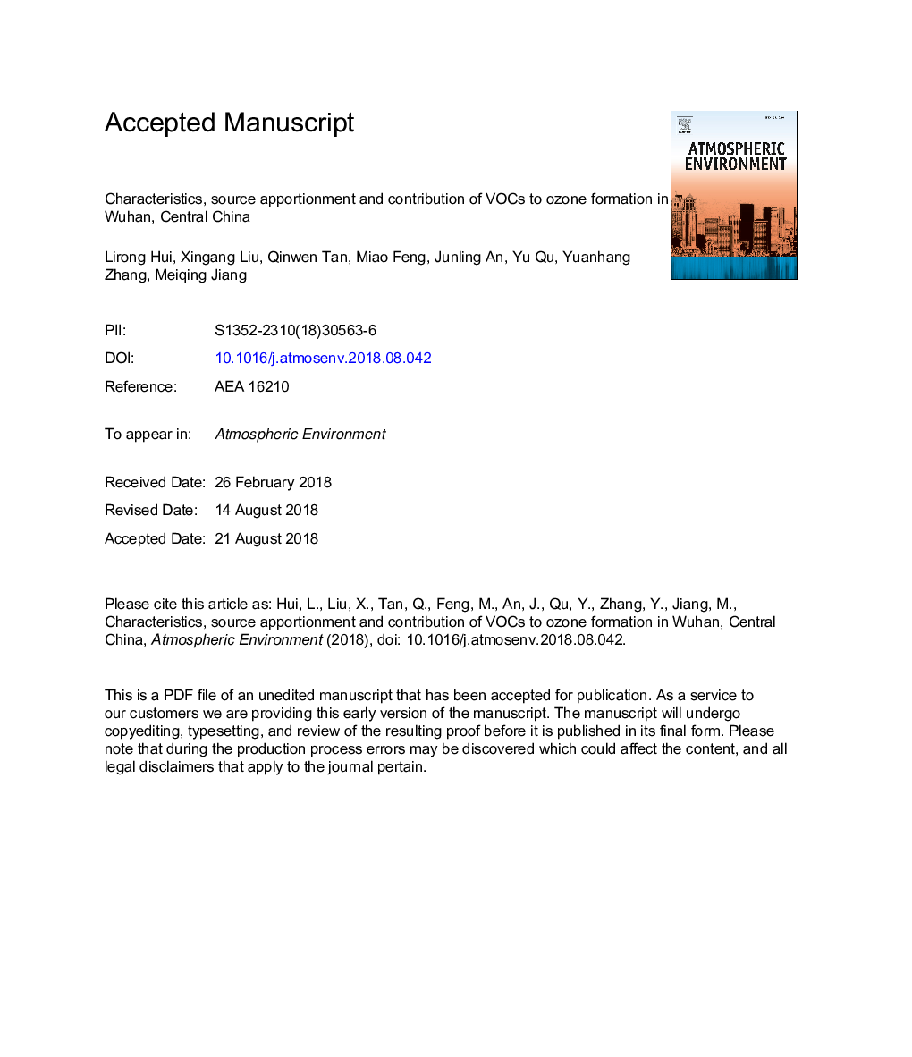 Characteristics, source apportionment and contribution of VOCs to ozone formation in Wuhan, Central China