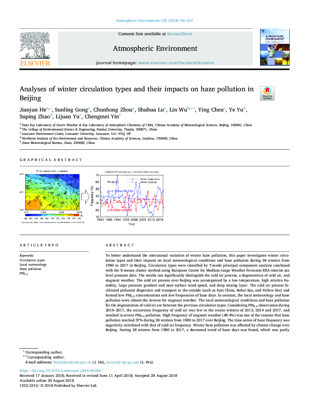 Analyses of winter circulation types and their impacts on haze pollution in Beijing