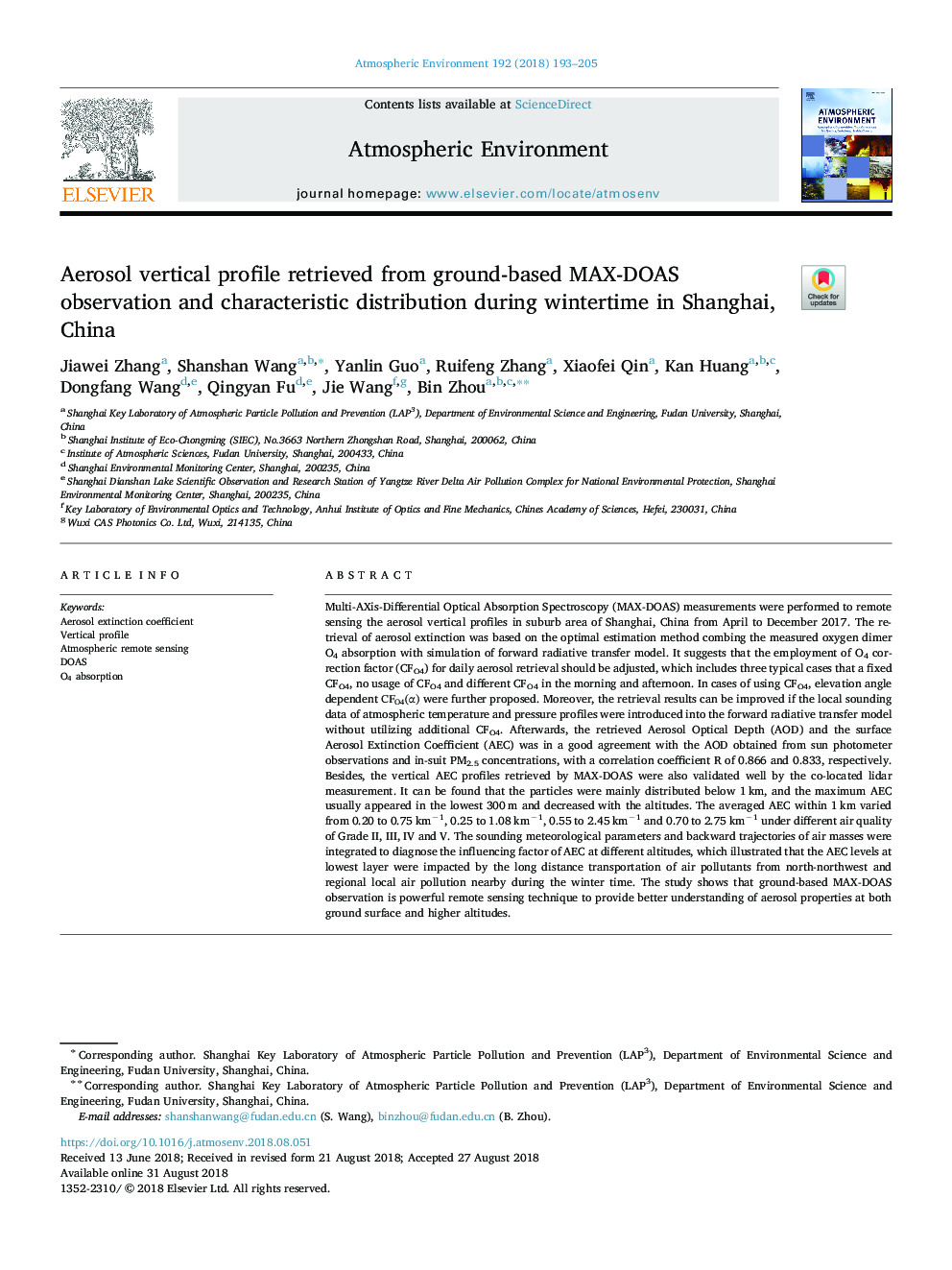 Aerosol vertical profile retrieved from ground-based MAX-DOAS observation and characteristic distribution during wintertime in Shanghai, China