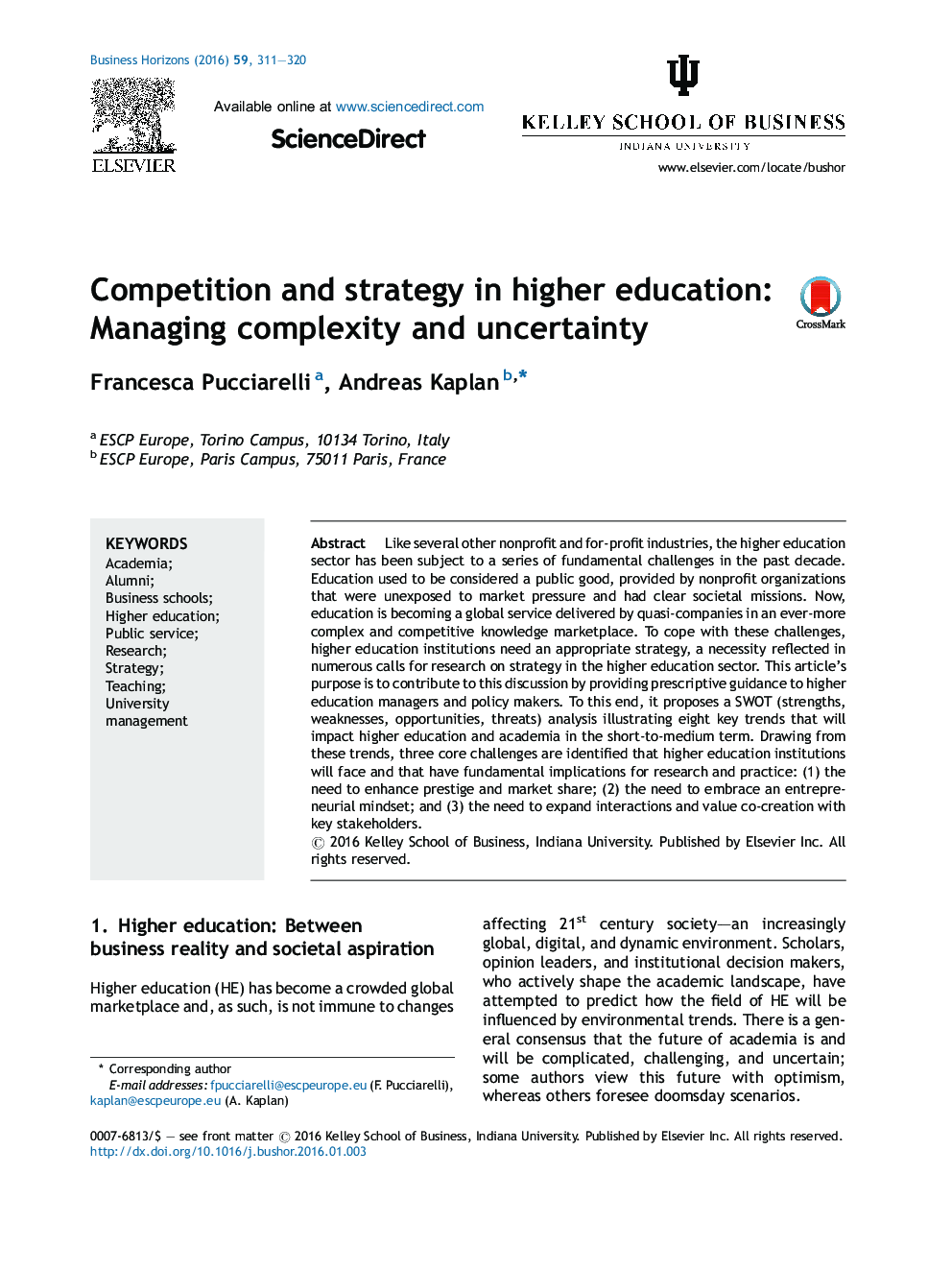 Competition and strategy in higher education: Managing complexity and uncertainty