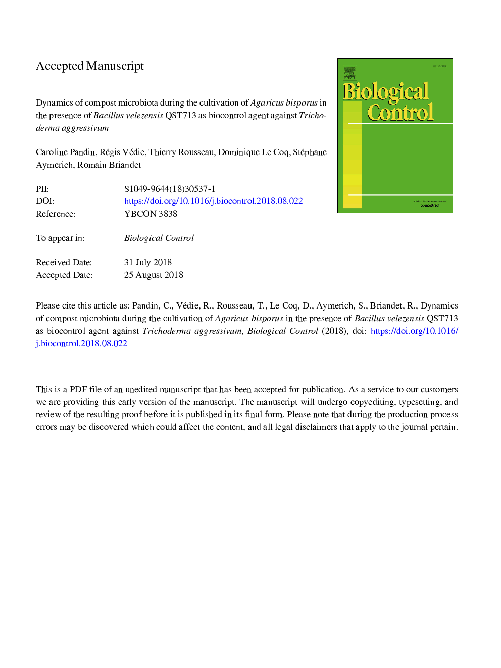 Dynamics of compost microbiota during the cultivation of Agaricus bisporus in the presence of Bacillus velezensis QST713 as biocontrol agent against Trichoderma aggressivum