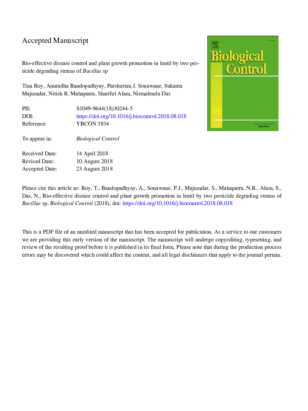 Bio-effective disease control and plant growth promotion in lentil by two pesticide degrading strains of Bacillus sp.