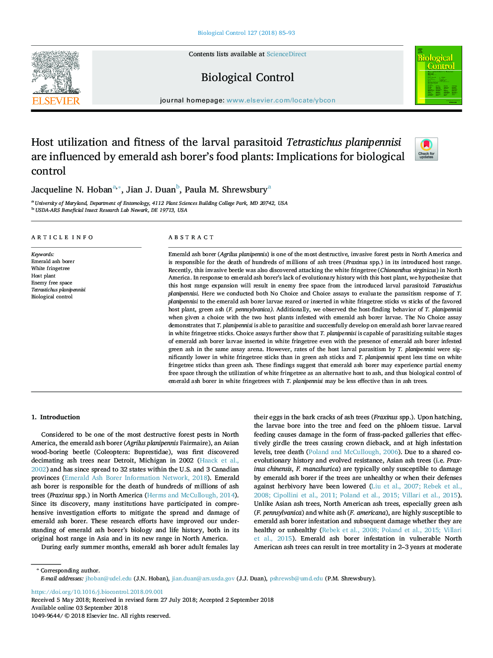 Host utilization and fitness of the larval parasitoid Tetrastichus planipennisi are influenced by emerald ash borer's food plants: Implications for biological control