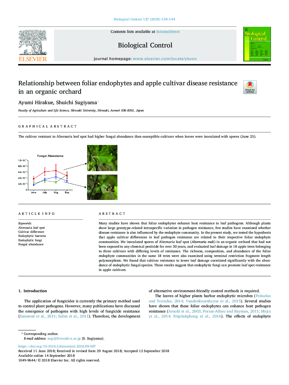 Relationship between foliar endophytes and apple cultivar disease resistance in an organic orchard