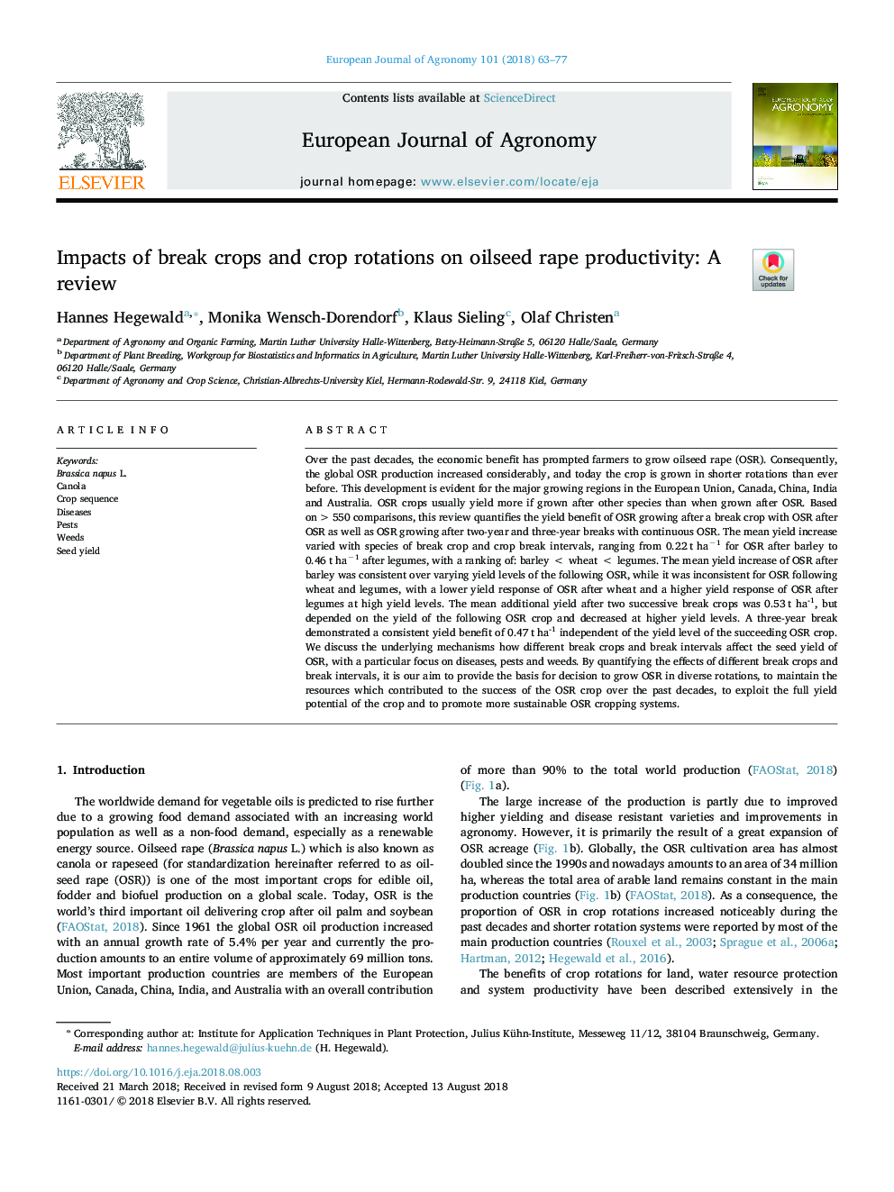 Impacts of break crops and crop rotations on oilseed rape productivity: A review