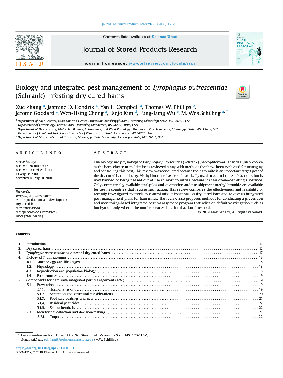 Biology and integrated pest management of Tyrophagus putrescentiae (Schrank) infesting dry cured hams