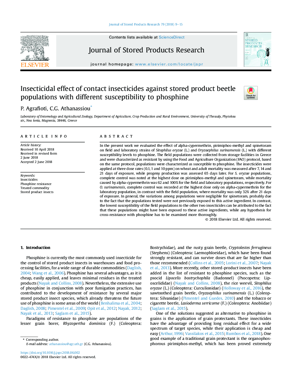 Insecticidal effect of contact insecticides against stored product beetle populations with different susceptibility to phosphine