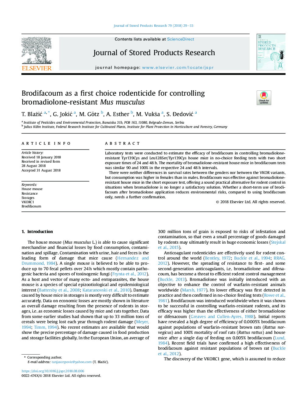 Brodifacoum as a first choice rodenticide for controlling bromadiolone-resistant Mus musculus