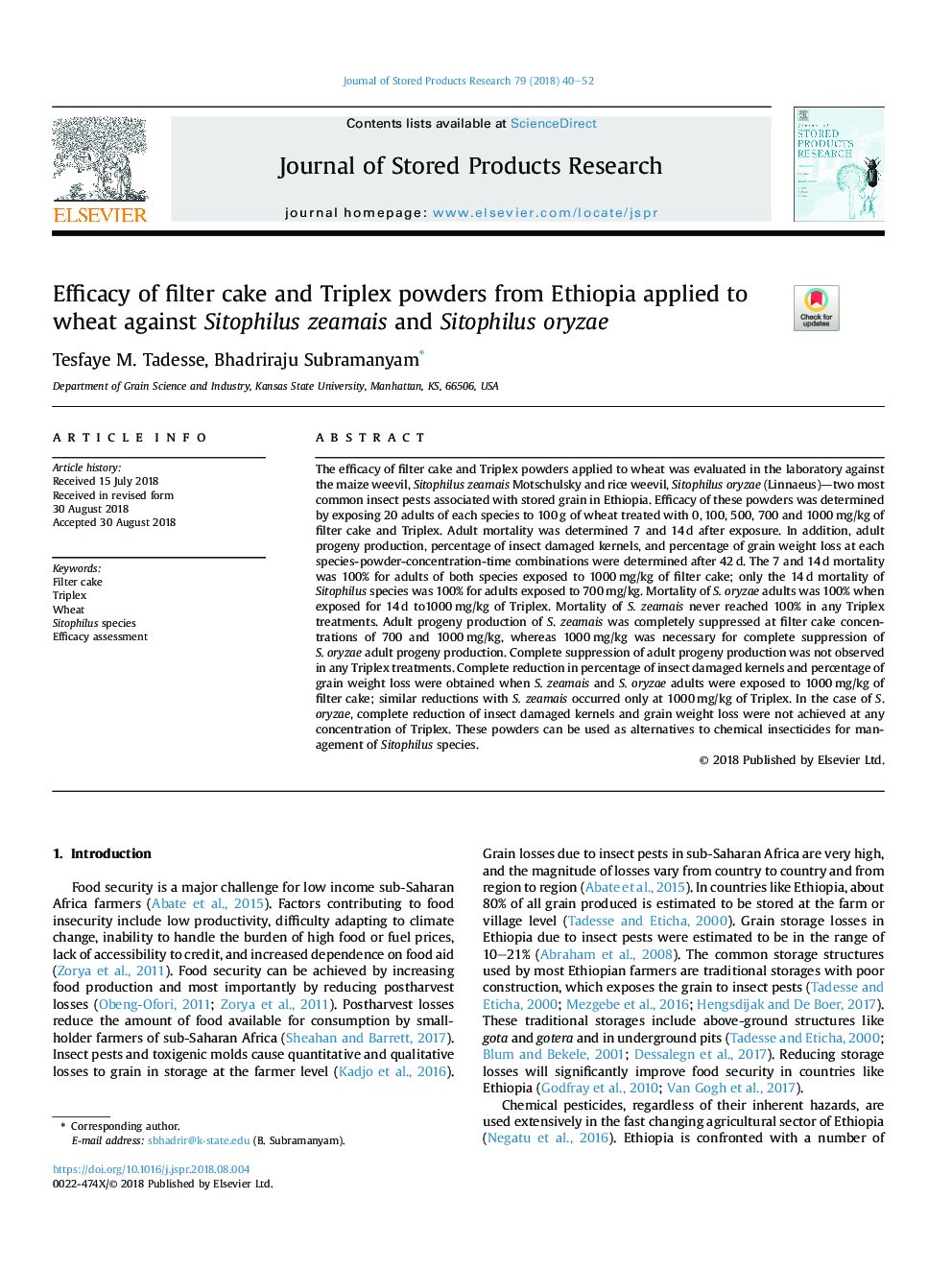 Efficacy of filter cake and Triplex powders from Ethiopia applied to wheat against Sitophilus zeamais and Sitophilus oryzae