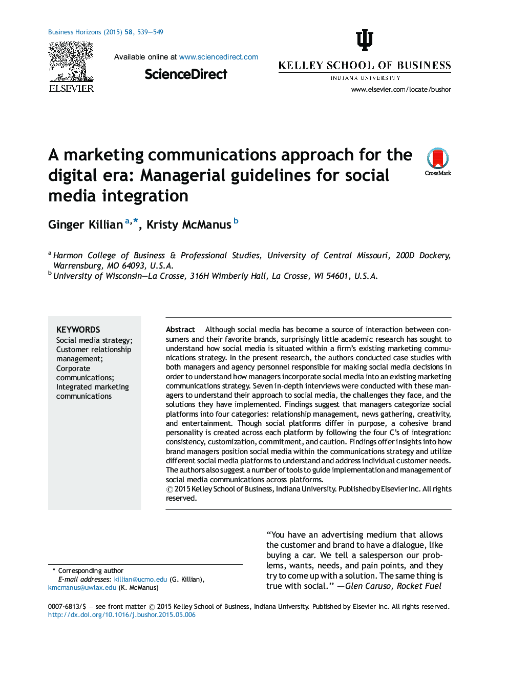 A marketing communications approach for the digital era: Managerial guidelines for social media integration