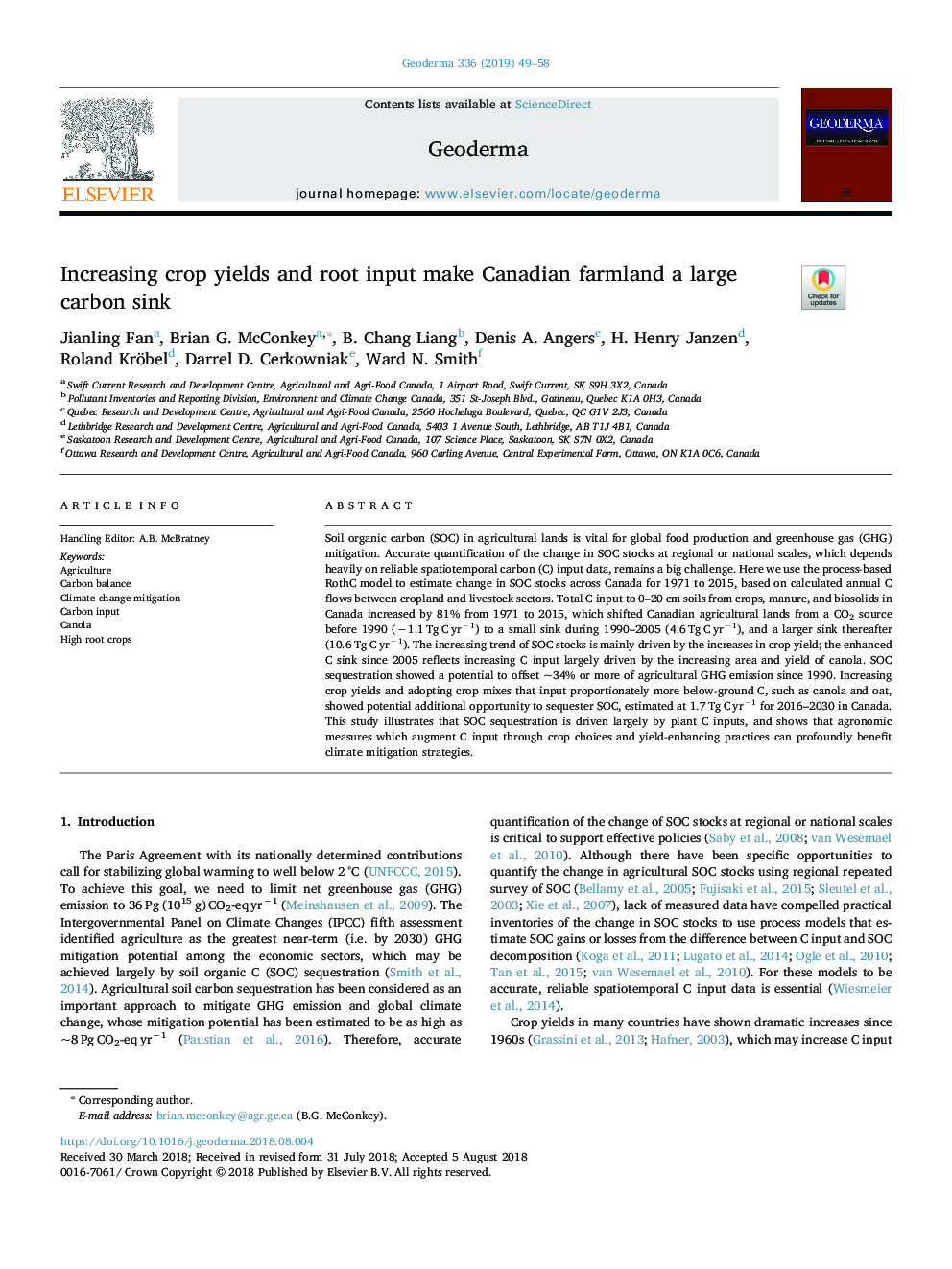 Increasing crop yields and root input make Canadian farmland a large carbon sink