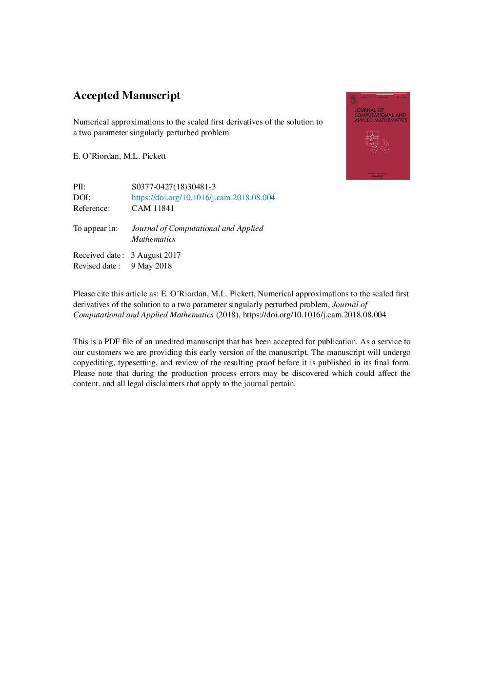 Numerical approximations to the scaled first derivatives of the solution to a two parameter singularly perturbed problem