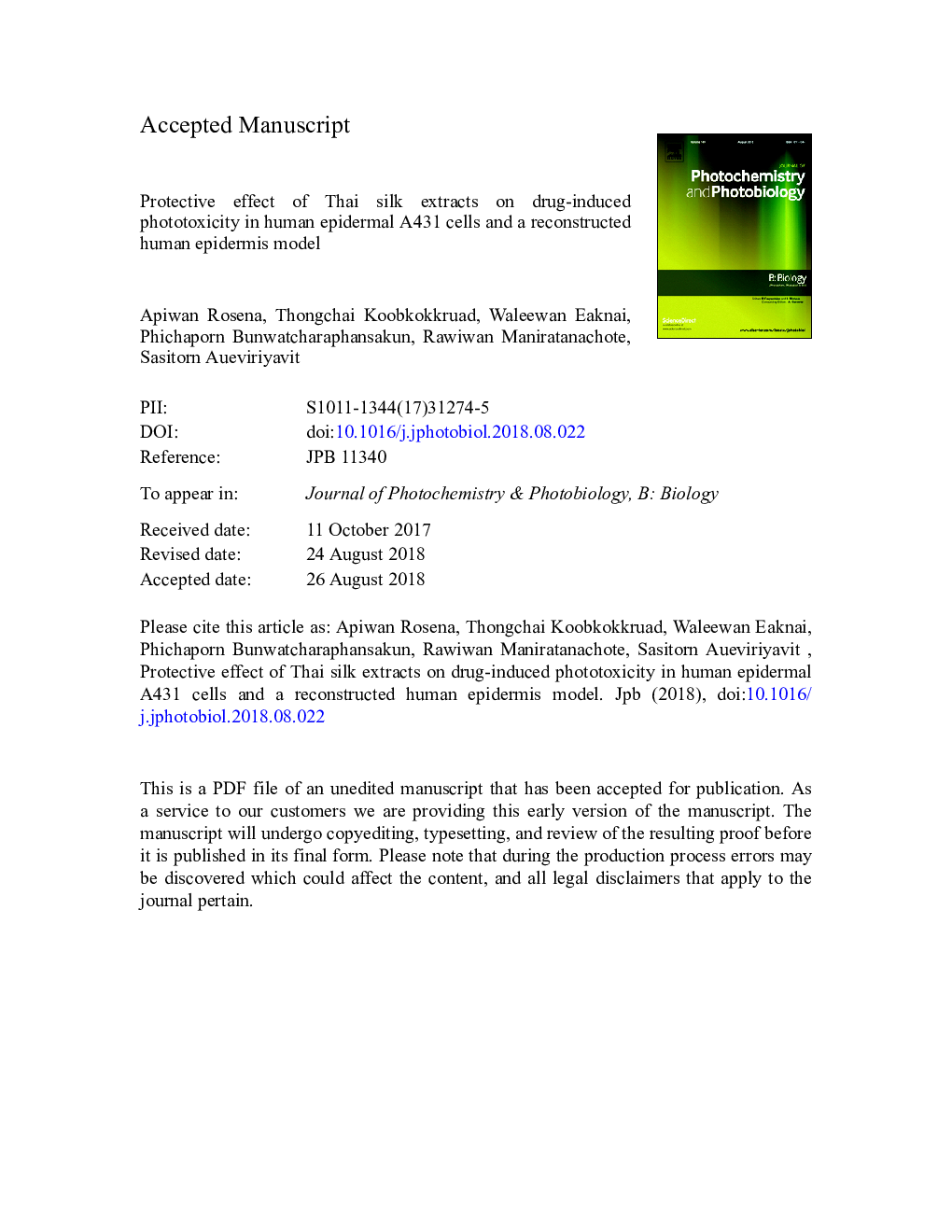عکس صفحه اول مقاله: Protective effect of Thai silk extracts on drug-induced phototoxicity in human epidermal A431 cells and a reconstructed human epidermis model Protective effect of Thai silk extracts on drug-induced phototoxicity in human epidermal A431 cells and a reconstructed human epidermis model