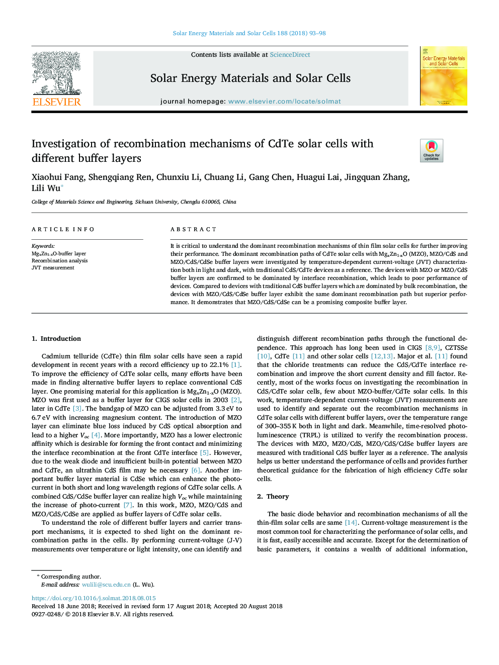 Investigation of recombination mechanisms of CdTe solar cells with different buffer layers