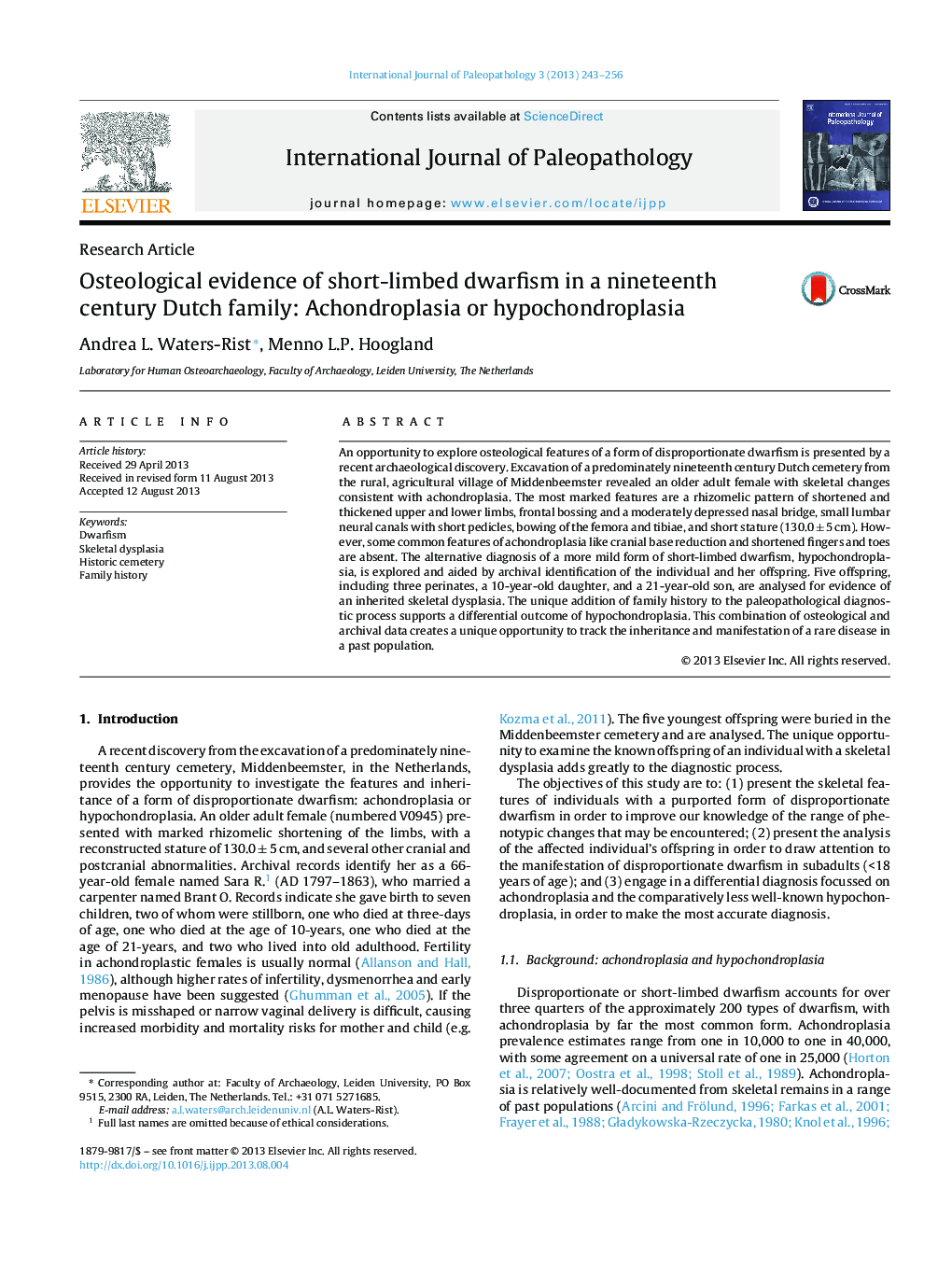 Osteological evidence of short-limbed dwarfism in a nineteenth century Dutch family: Achondroplasia or hypochondroplasia