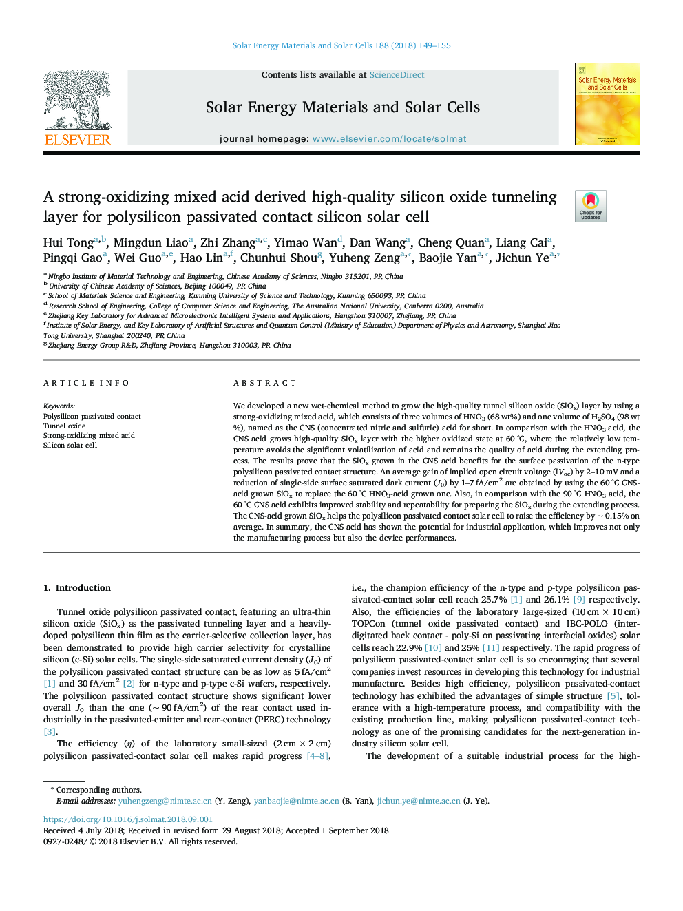 A strong-oxidizing mixed acid derived high-quality silicon oxide tunneling layer for polysilicon passivated contact silicon solar cell