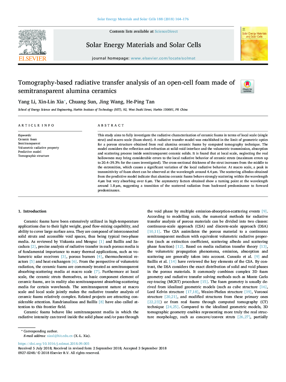 Tomography-based radiative transfer analysis of an open-cell foam made of semitransparent alumina ceramics