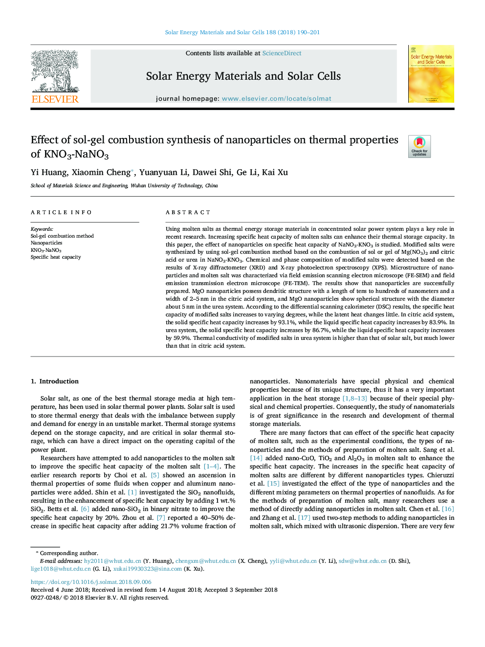 Effect of sol-gel combustion synthesis of nanoparticles on thermal properties of KNO3-NaNO3