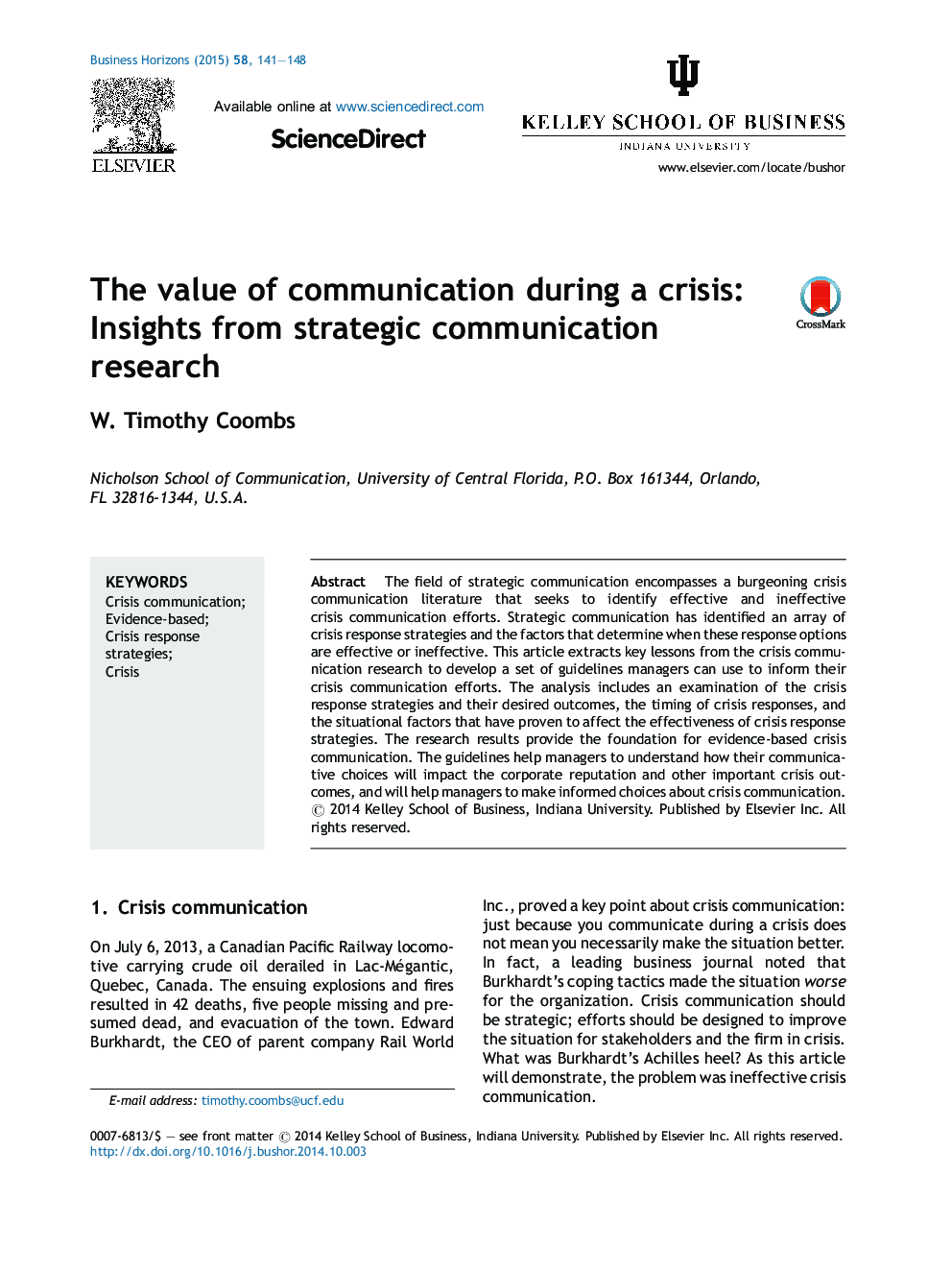 The value of communication during a crisis: Insights from strategic communication research