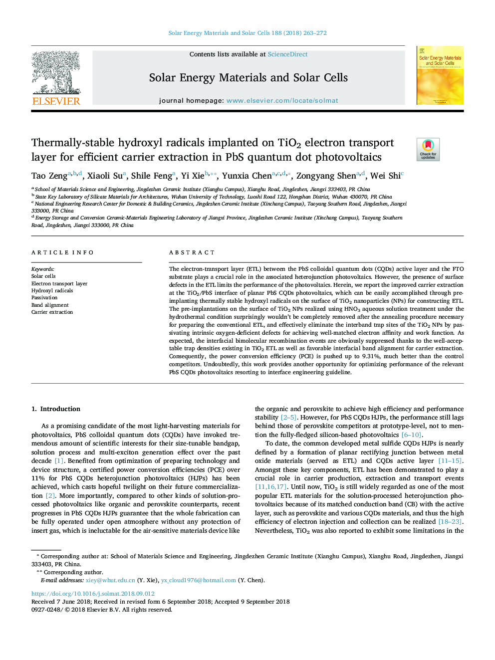 Thermally-stable hydroxyl radicals implanted on TiO2 electron transport layer for efficient carrier extraction in PbS quantum dot photovoltaics