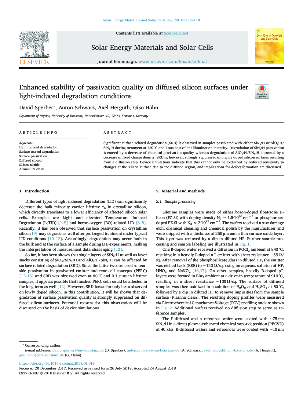 Enhanced stability of passivation quality on diffused silicon surfaces under light-induced degradation conditions