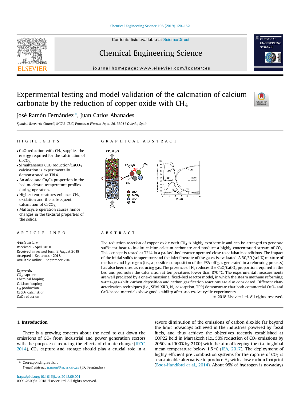 Experimental testing and model validation of the calcination of calcium carbonate by the reduction of copper oxide with CH4