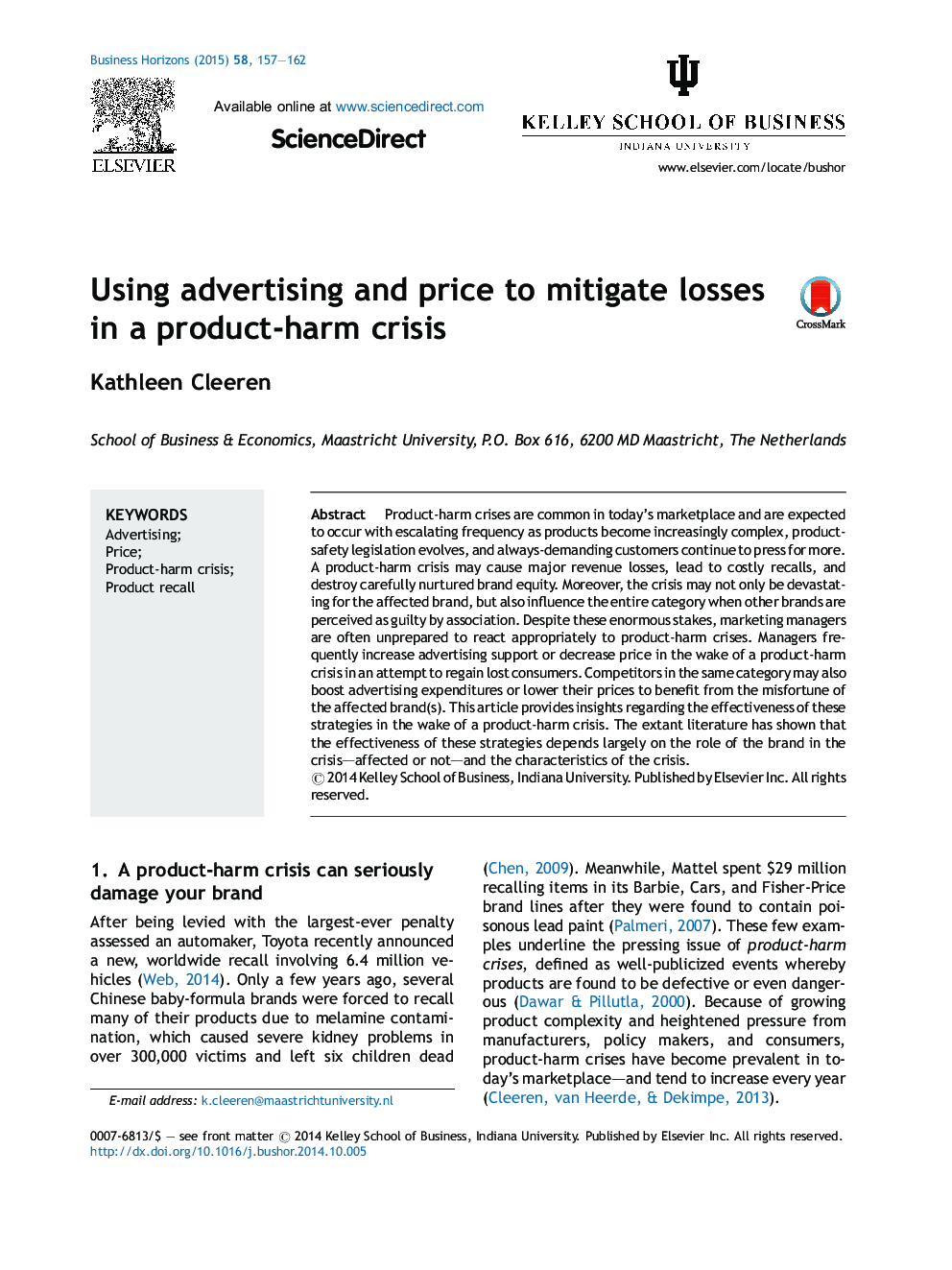 Using advertising and price to mitigate losses in a product-harm crisis