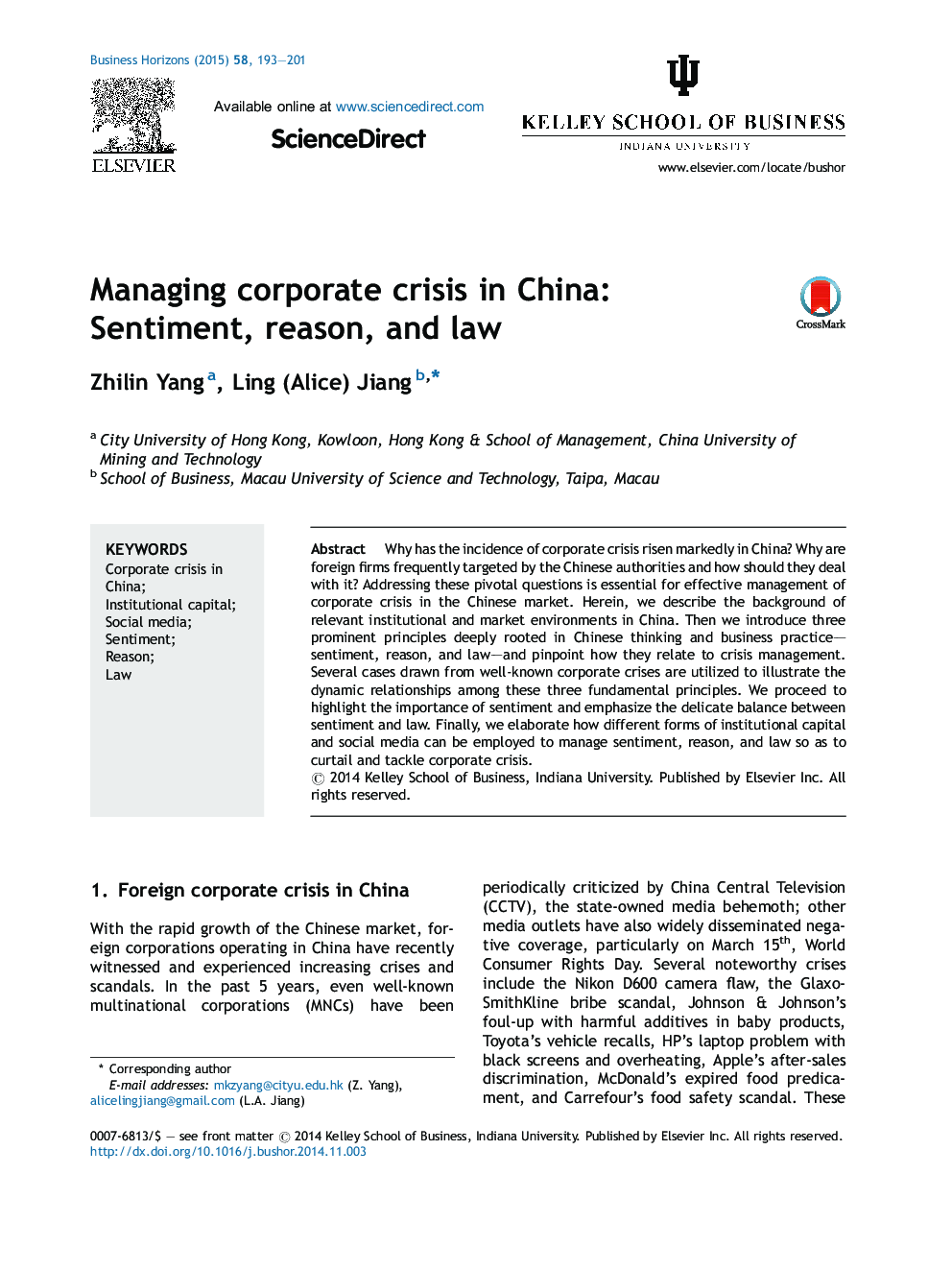 Managing corporate crisis in China: Sentiment, reason, and law