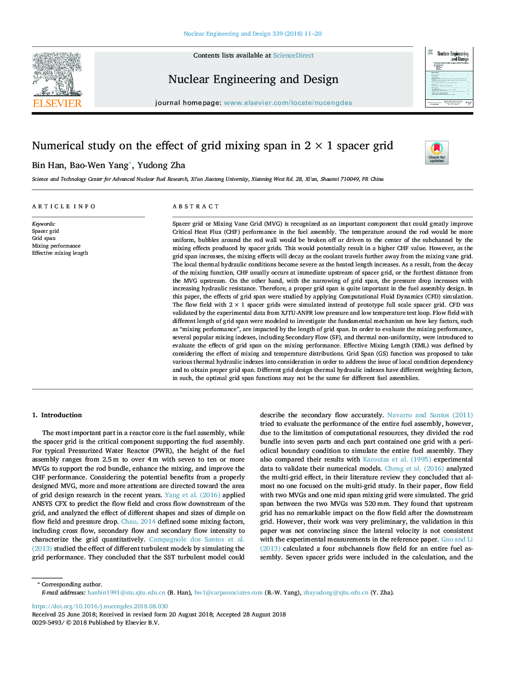 Numerical study on the effect of grid mixing span in 2â¯Ãâ¯1 spacer grid