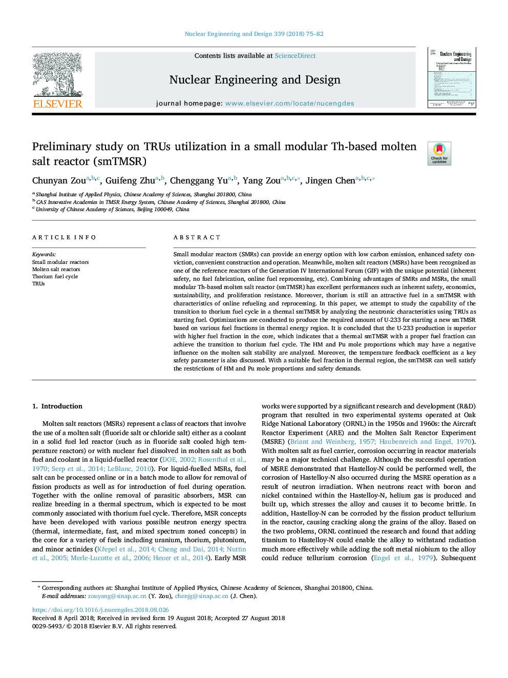 Preliminary study on TRUs utilization in a small modular Th-based molten salt reactor (smTMSR)